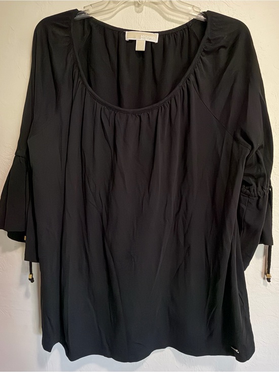 Michael Kors Tops - Michael Kors Black Bell Sleeve Gathered Neck Blouse Top Beads Hang on Sleeves 1X